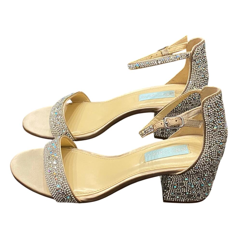 Betsey Johnson Mari Rhinestone Block Heel Sandal 8.5 Champagne Hoco Formal Bride